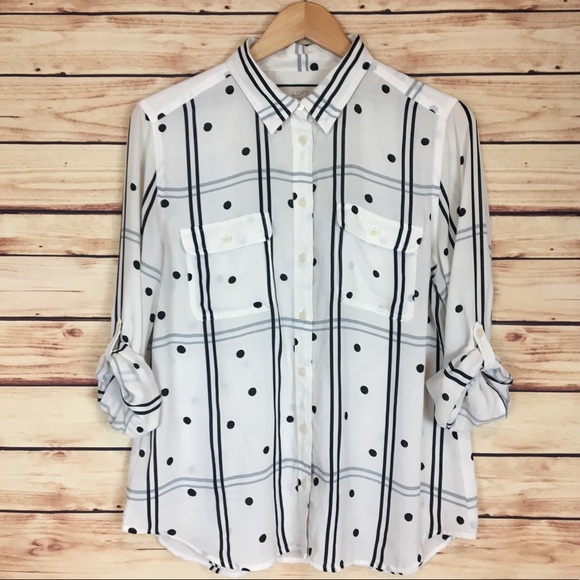 LOFT Tops - LOFT Button Down Blouse Mixed Print White Large